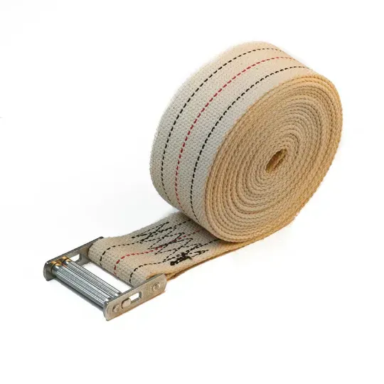 Roll of cream-colored webbing with metal buckle, black and red stitching.