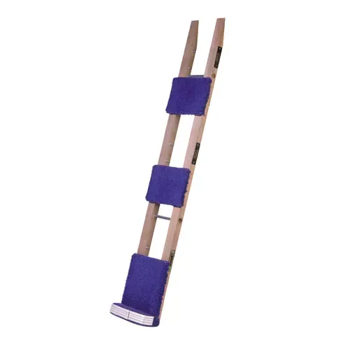 Wooden ladder with blue padded steps.