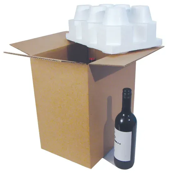 Cardboard box with a bottle of wine and a white foam insert.