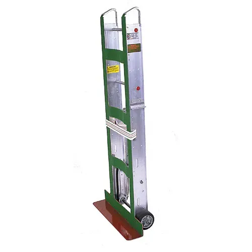 A silver and green hand truck with wheels, designed for moving items, stands against a white background.