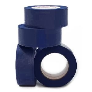 Blue electrical tape rolls stacked.