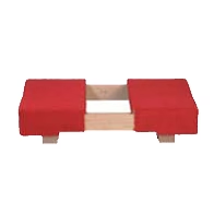 Red padded footrest with light wood supports.