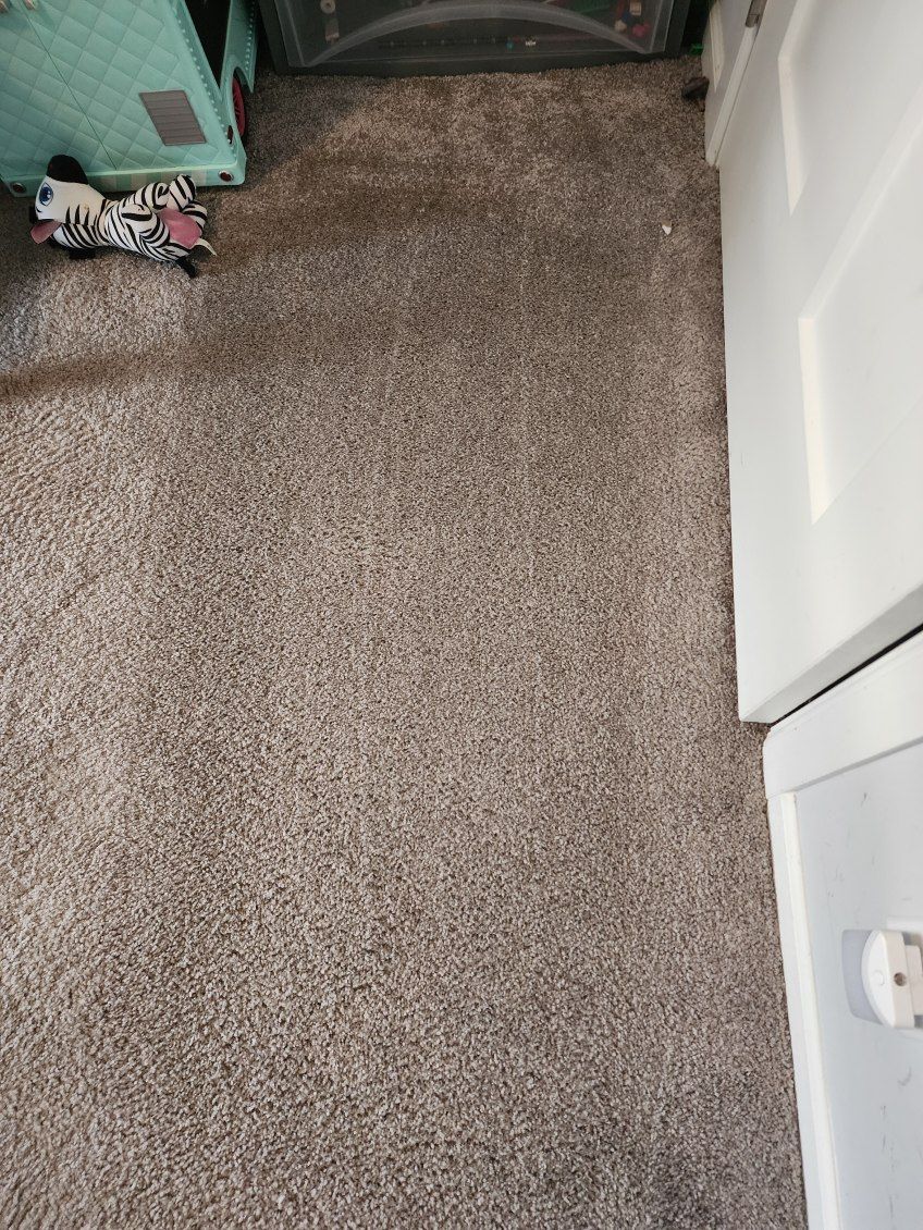 Carpeted hallway corner with a white door and small items near a green cabinet.