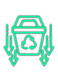 Icono de contenedor de reciclaje verde con flechas hacia abajo en ambos lados.