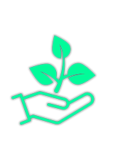 Mano verde sosteniendo un icono de una planta brotando sobre un fondo blanco.