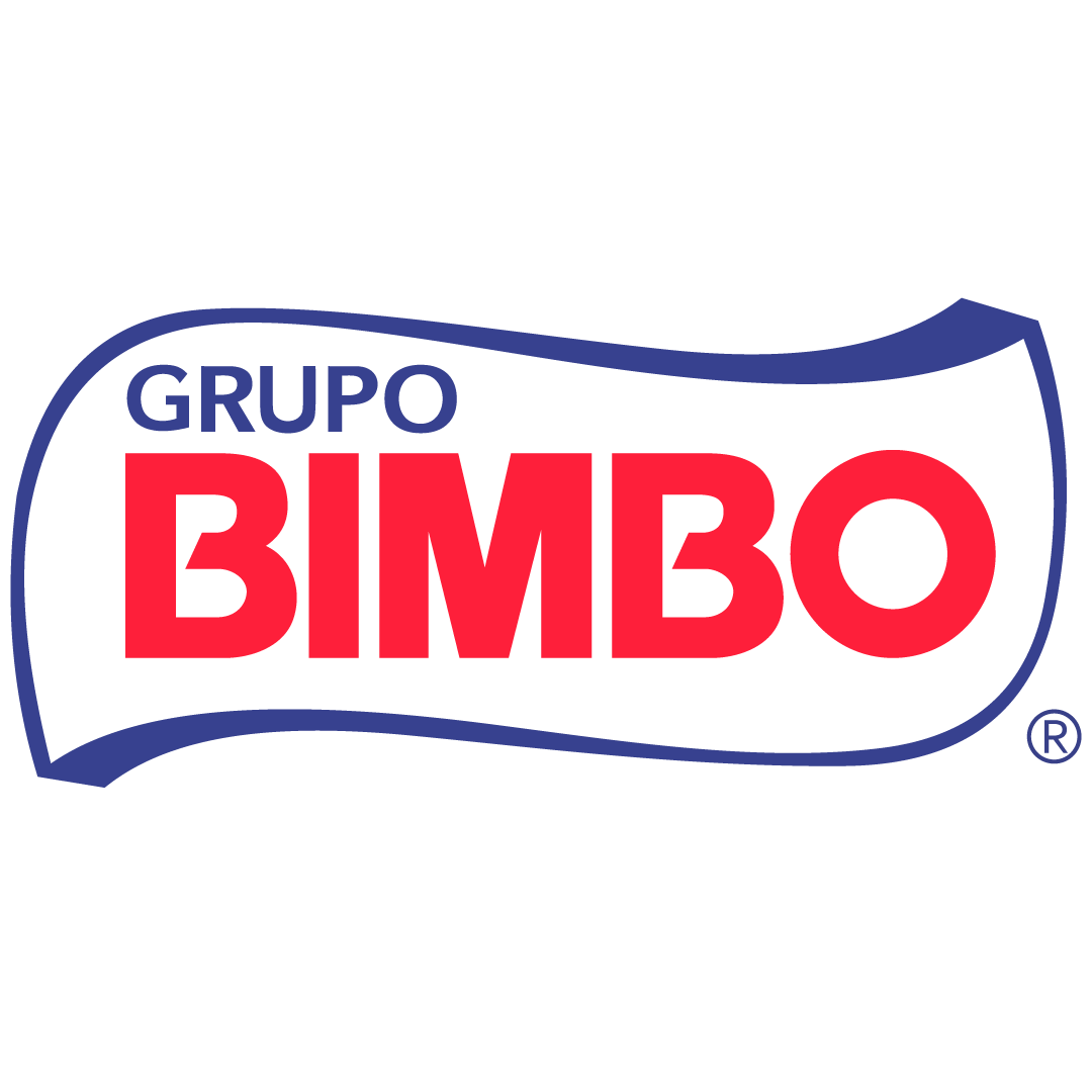 Logotipo de Grupo Bimbo en azul y rojo sobre fondo blanco