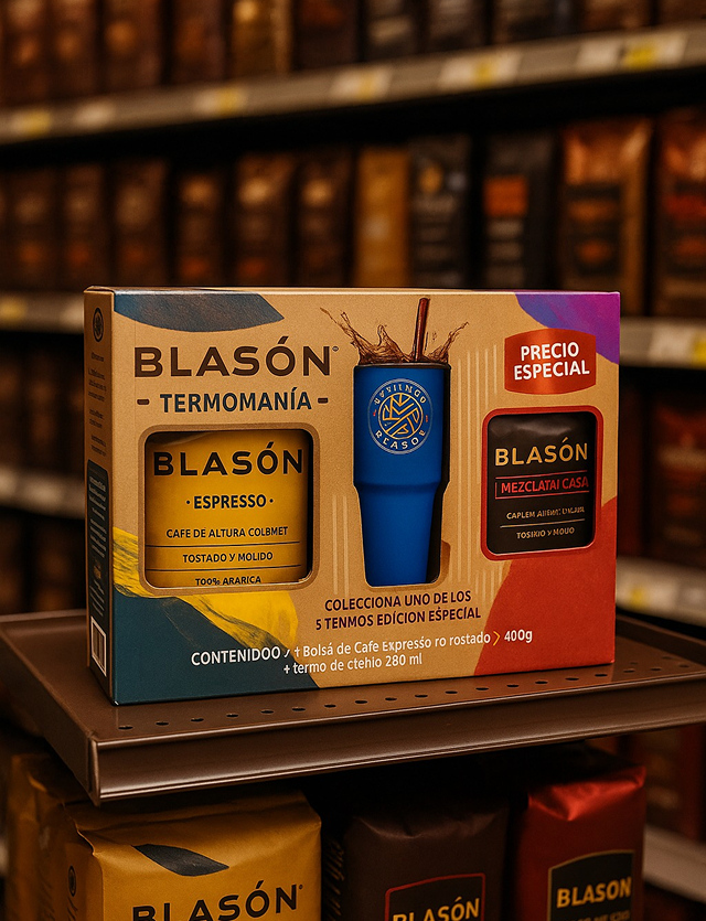 Caja de regalo de tequila Blason con sacacorchos azul y botella roja, expuesta en un estante con iluminación cálida.