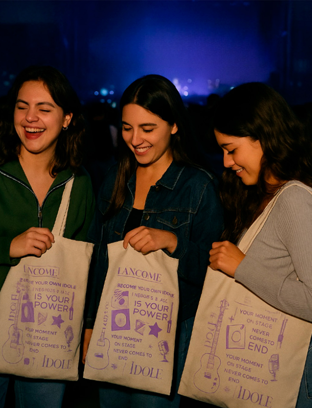 Tres personas sonrientes sosteniendo bolsas de tela decoradas en un evento con iluminación tenue