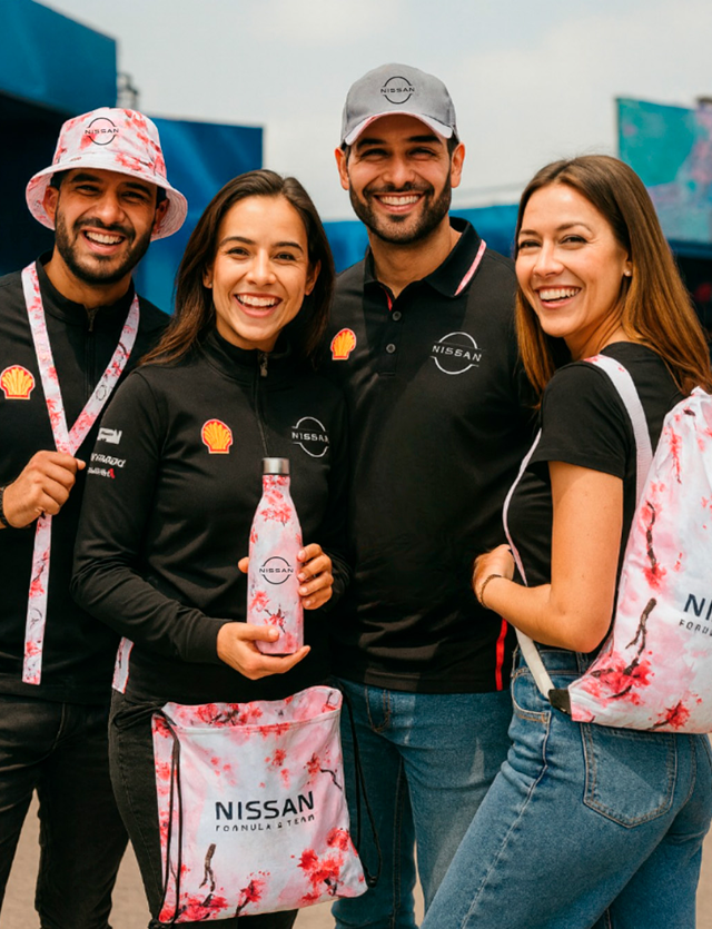 Cuatro personas sonrientes con camisetas negras en un evento al aire libre de Nissan.