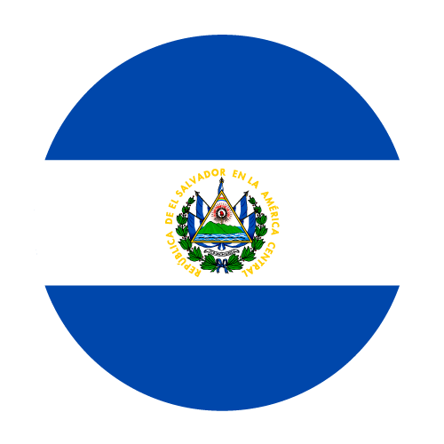 Bandera de El Salvador de diseño circular con franjas azules y blancas y el emblema nacional en el centro.