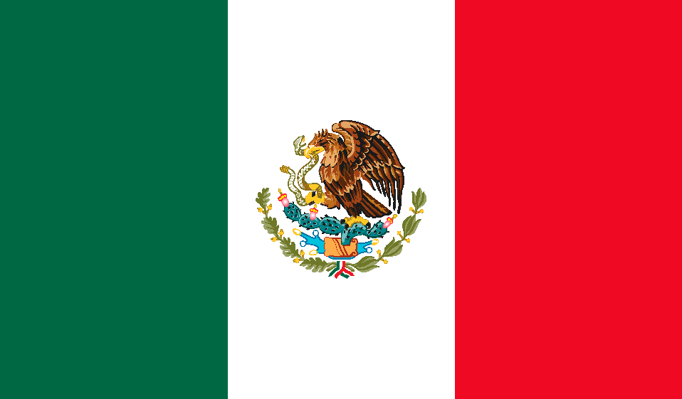Bandera de México con franjas verticales verdes, blancas y rojas y el emblema nacional centrado.