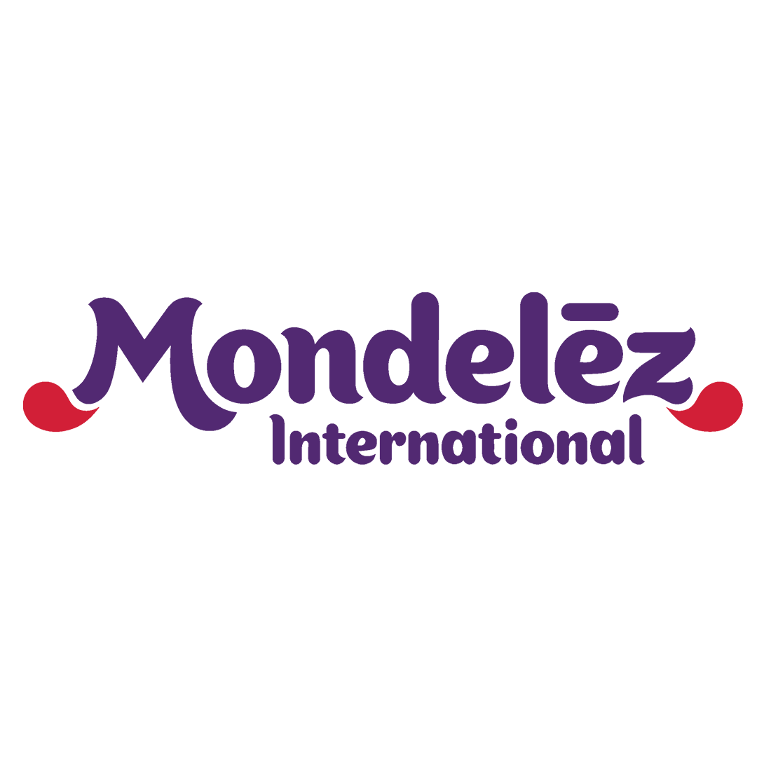Logotipo de Mondelez International en morado y rojo sobre fondo blanco.