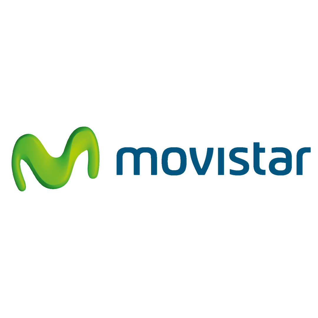 Logotipo de Movistar con una “M” estilizada en verde y amarillo y el nombre de la marca en azul sobre fondo blanco.