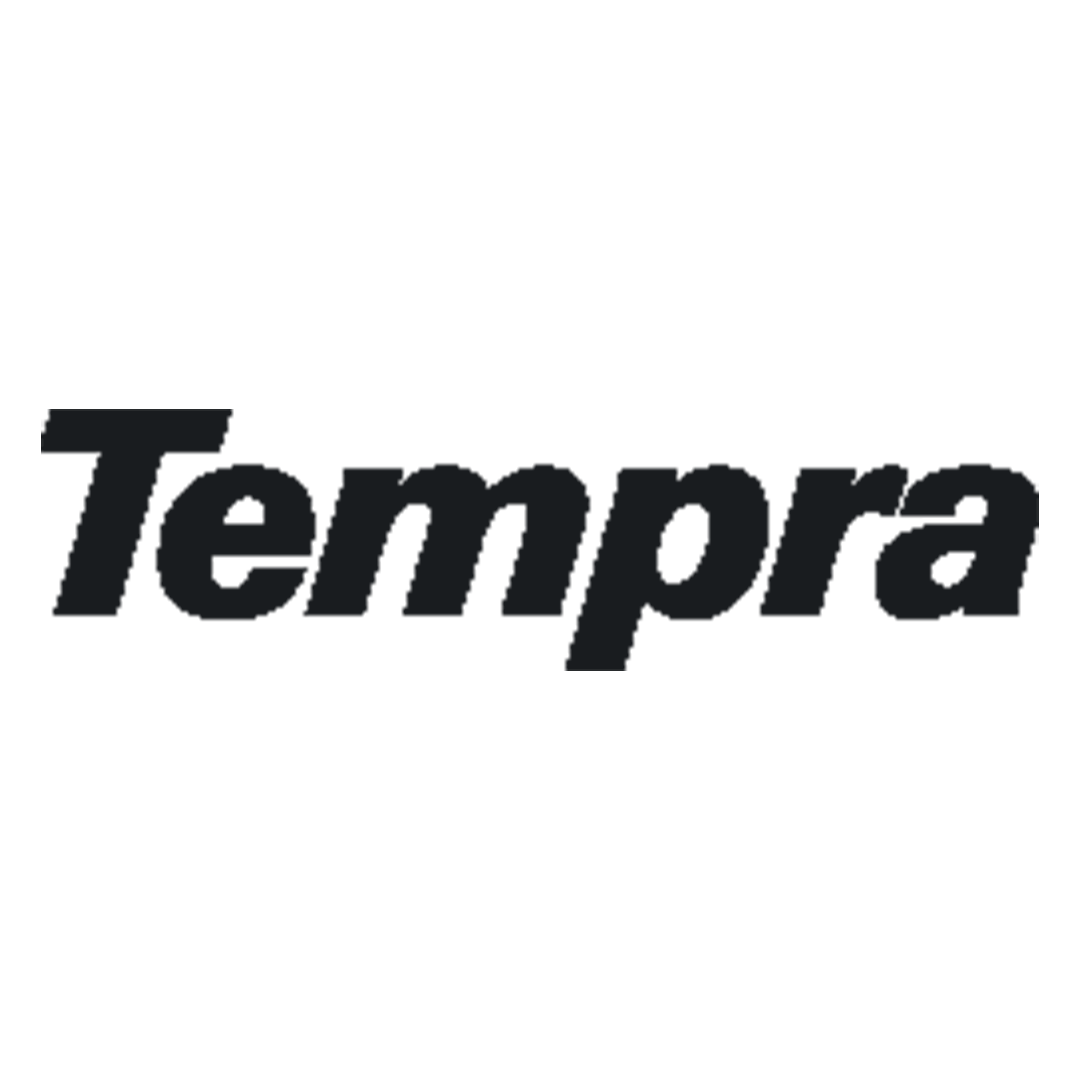 Logotipo “Tempra” en cursiva negra sobre fondo blanco