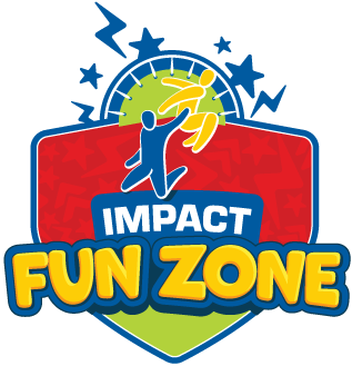 Impact Fun Zone logo with blue, yellow, and red colors featuring figures jumping and lightning bolts.