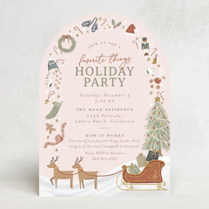A holiday party invitation with two deer pulling a sleigh and a christmas tree. A holiday party invitation with two deer pulling a sleigh and a christmas tree.