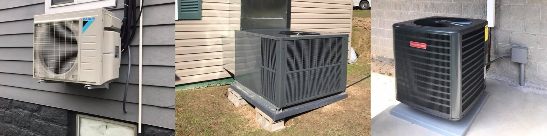 Three outdoor air conditioner units beside a house, shown in different exterior views.