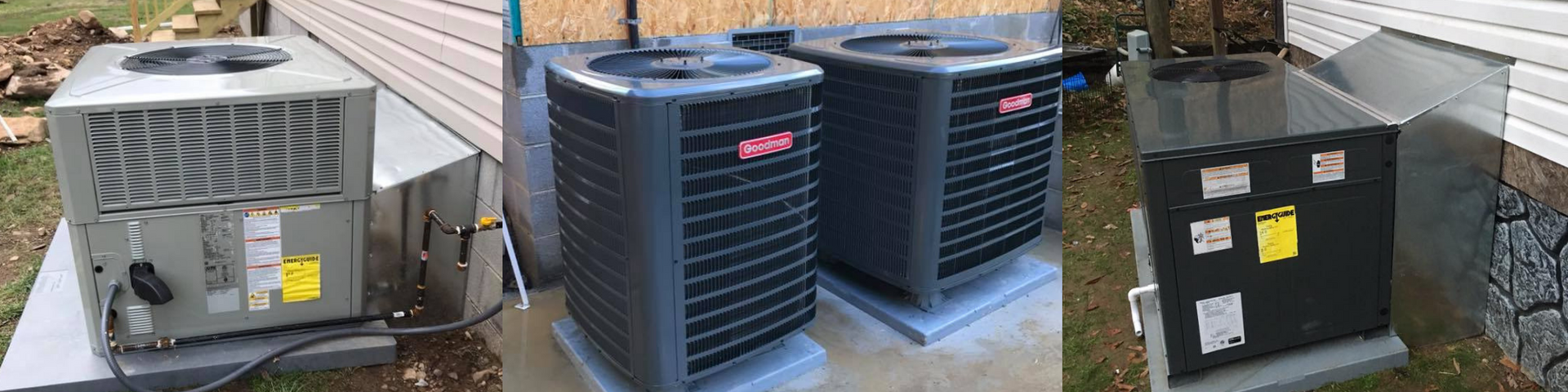 Three outdoor HVAC units beside a house: one white, two blue, and one black on a small patio.