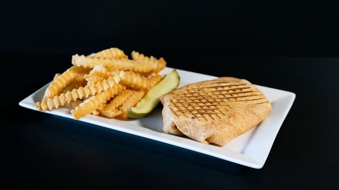 Grilled sandwich with crinkle-cut fries on a white plate against a dark background