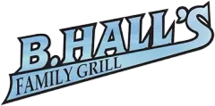 B. Hall’s Family Grill logo in blue and black text on a white background