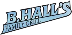 B. Hall’s Family Grill logo in blue and black text on a white background