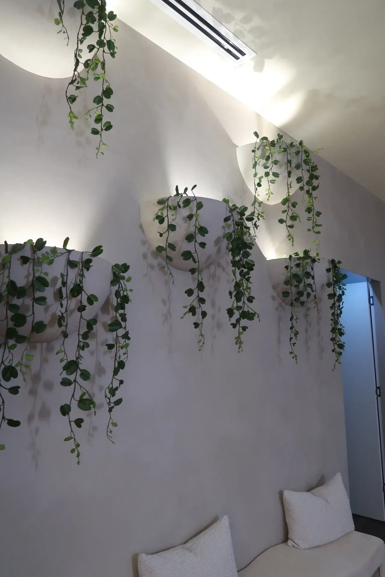 White wall with hanging plants and a white bench.