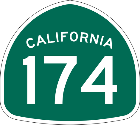 A green california highway sign with the number 174 on it