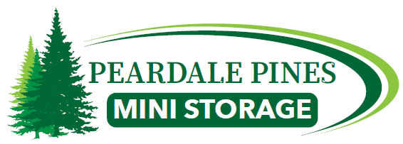 A logo for peardale pines mini storage with two pine trees.
