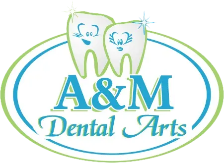 Logo for A&M Dental Arts: Two cartoon teeth with faces, over text "A&M Dental Arts," in an oval.