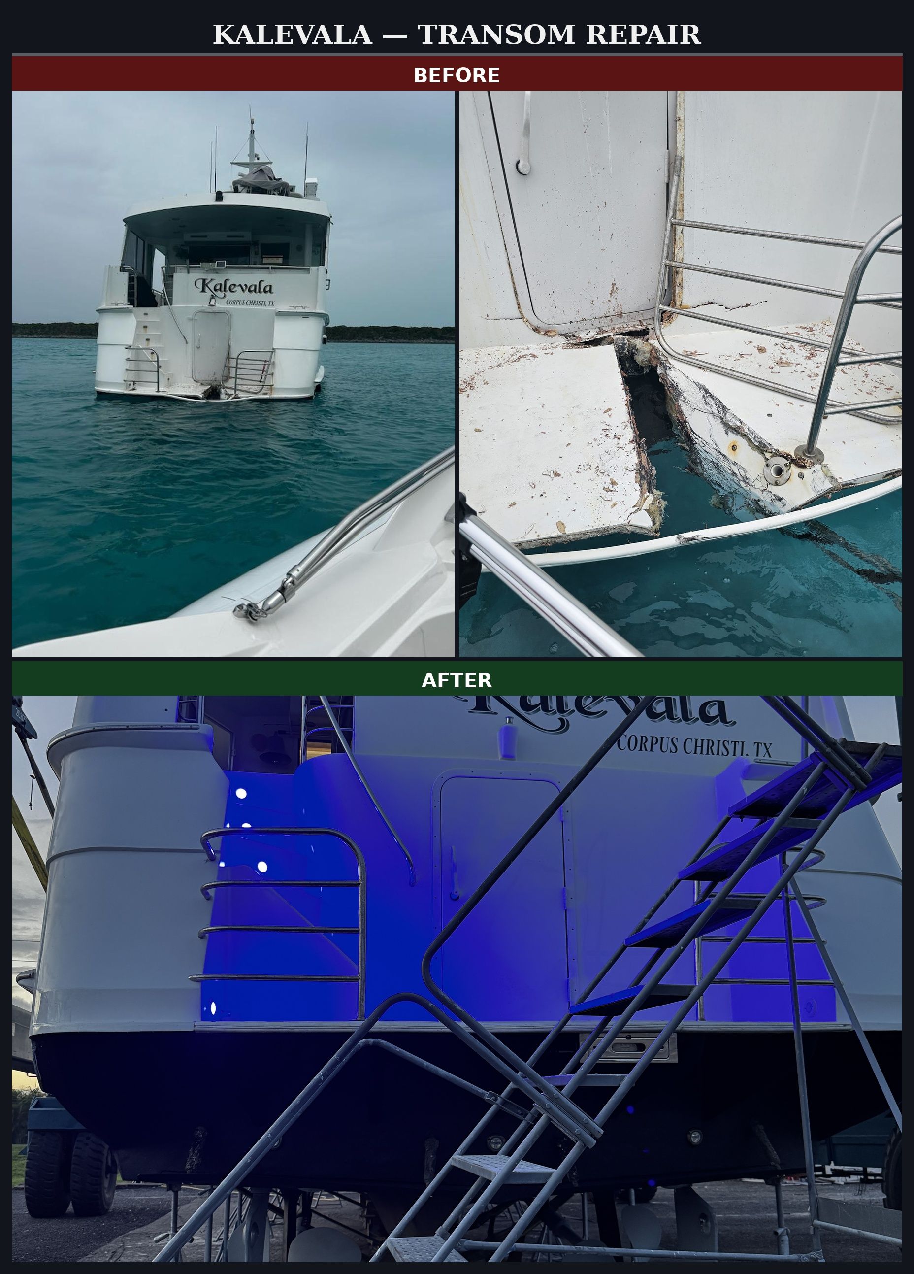 Before-and-after ship stern repair: damaged white deck and rusty chain, then blue-lit renovated stern with ladder