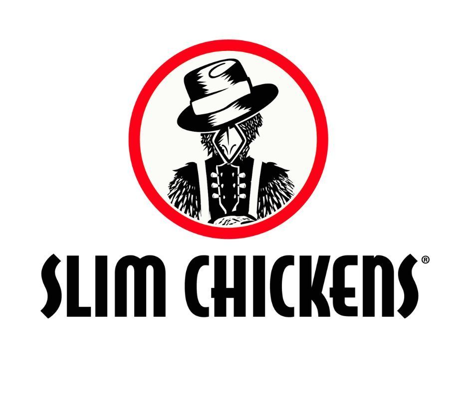 Slim Chickens logo with a black-and-white chicken in a red circle above the brand name