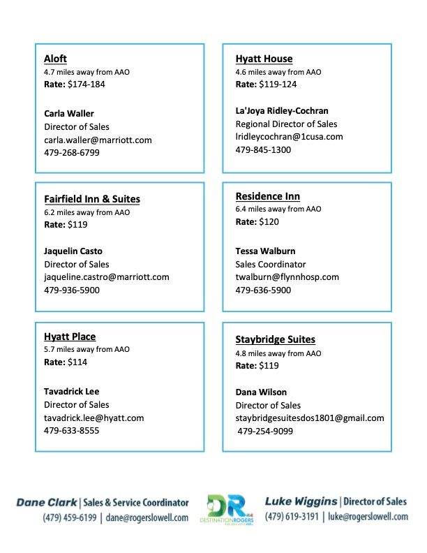 Flyer with six staff profile boxes and contact details in blue-bordered white layout