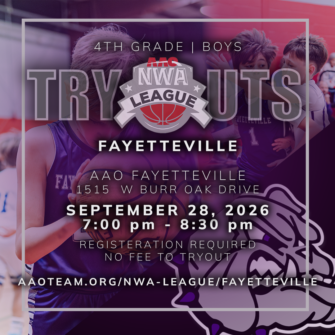 NWA Fayetteville youth league tryouts poster with purple team background, Sept. 28, 2026, 5:30–7:00 PM