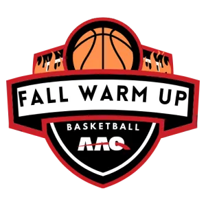 Fall Warm Up basketball logo with basketball and flames.
