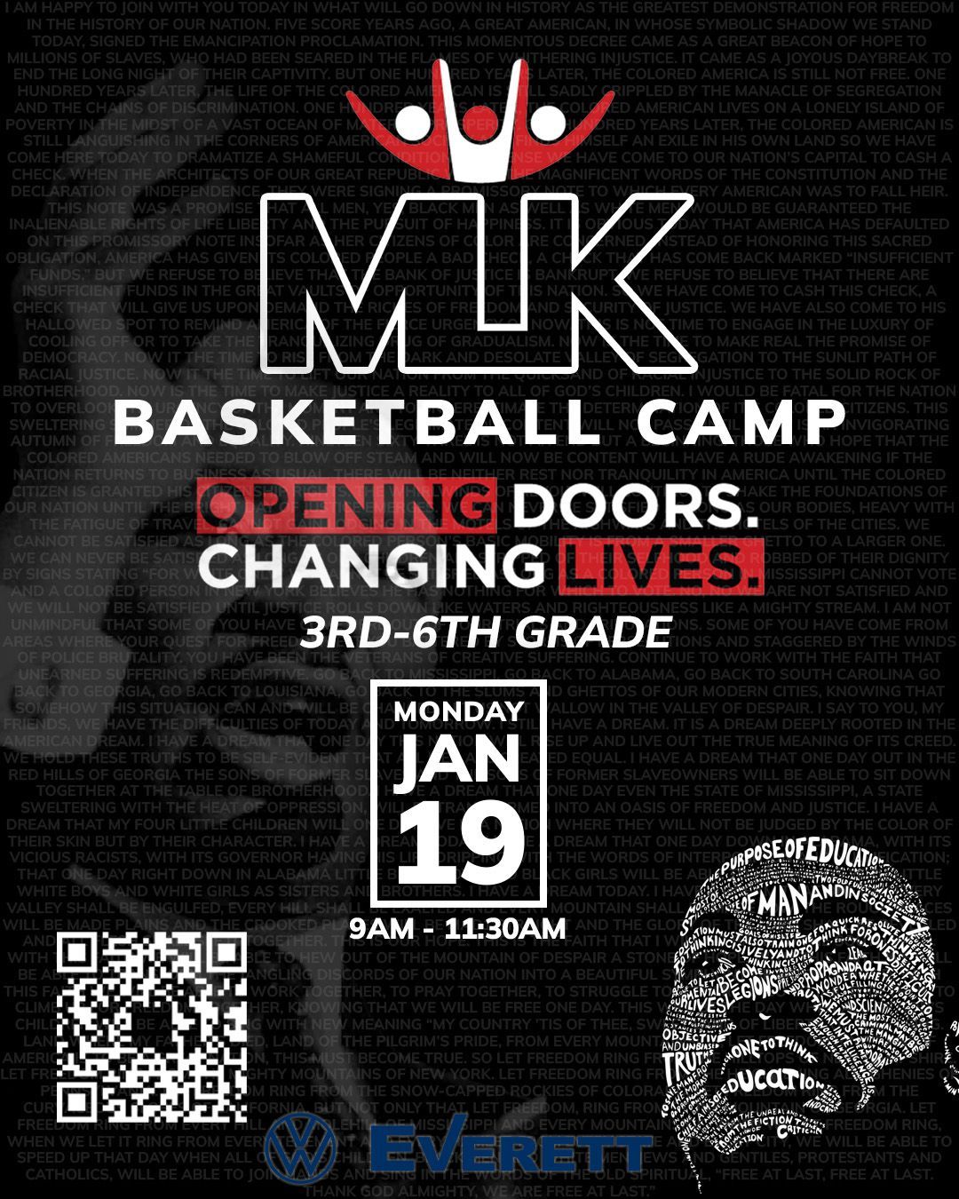 MLK Basketball Camp flyer: Girls/boys 3rd-6th grade, January 20 at AAO P. Whitaker Sports Center in Fayetteville, AR.