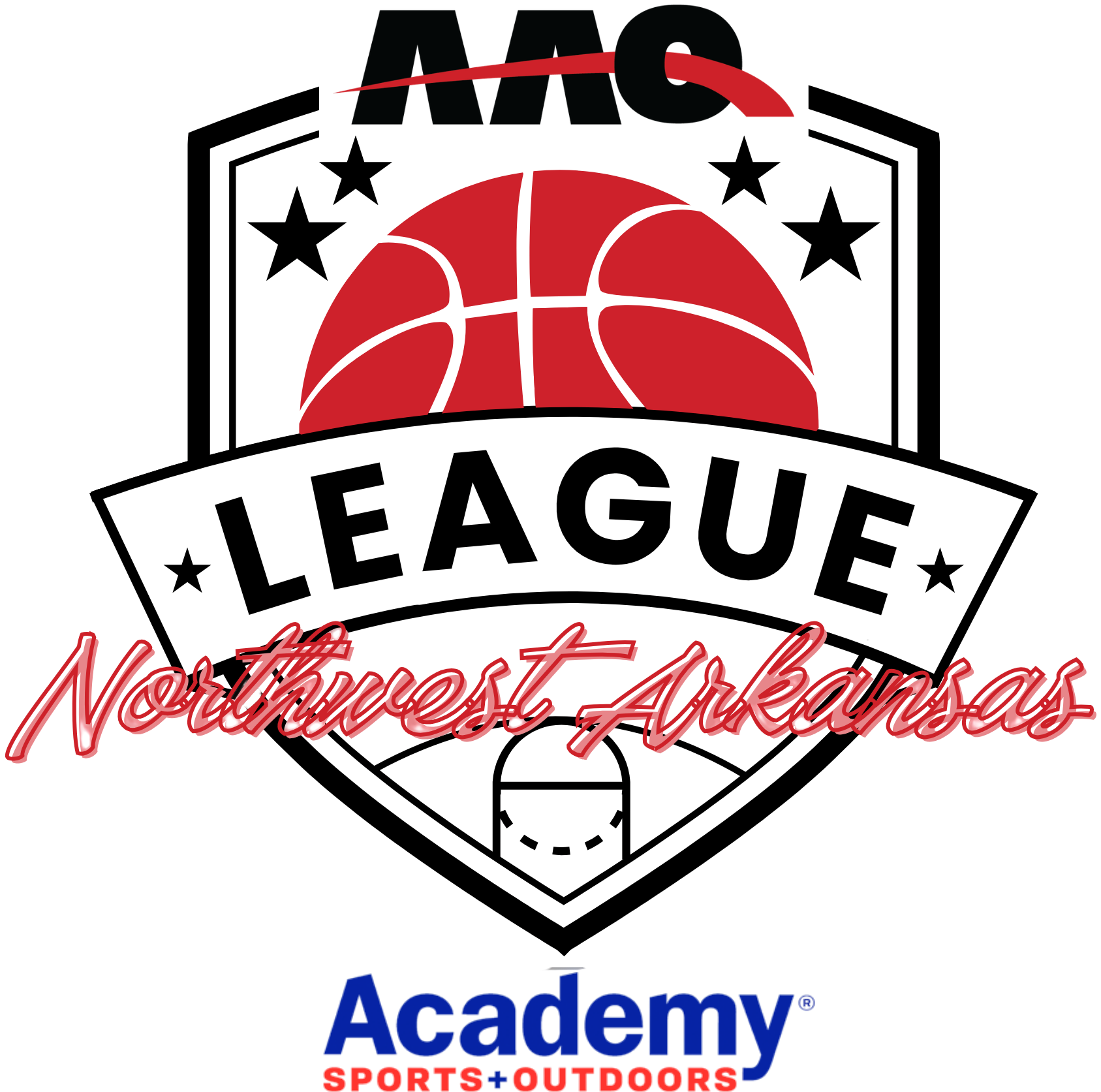 NWA League logo: red basketball, grey shield with
