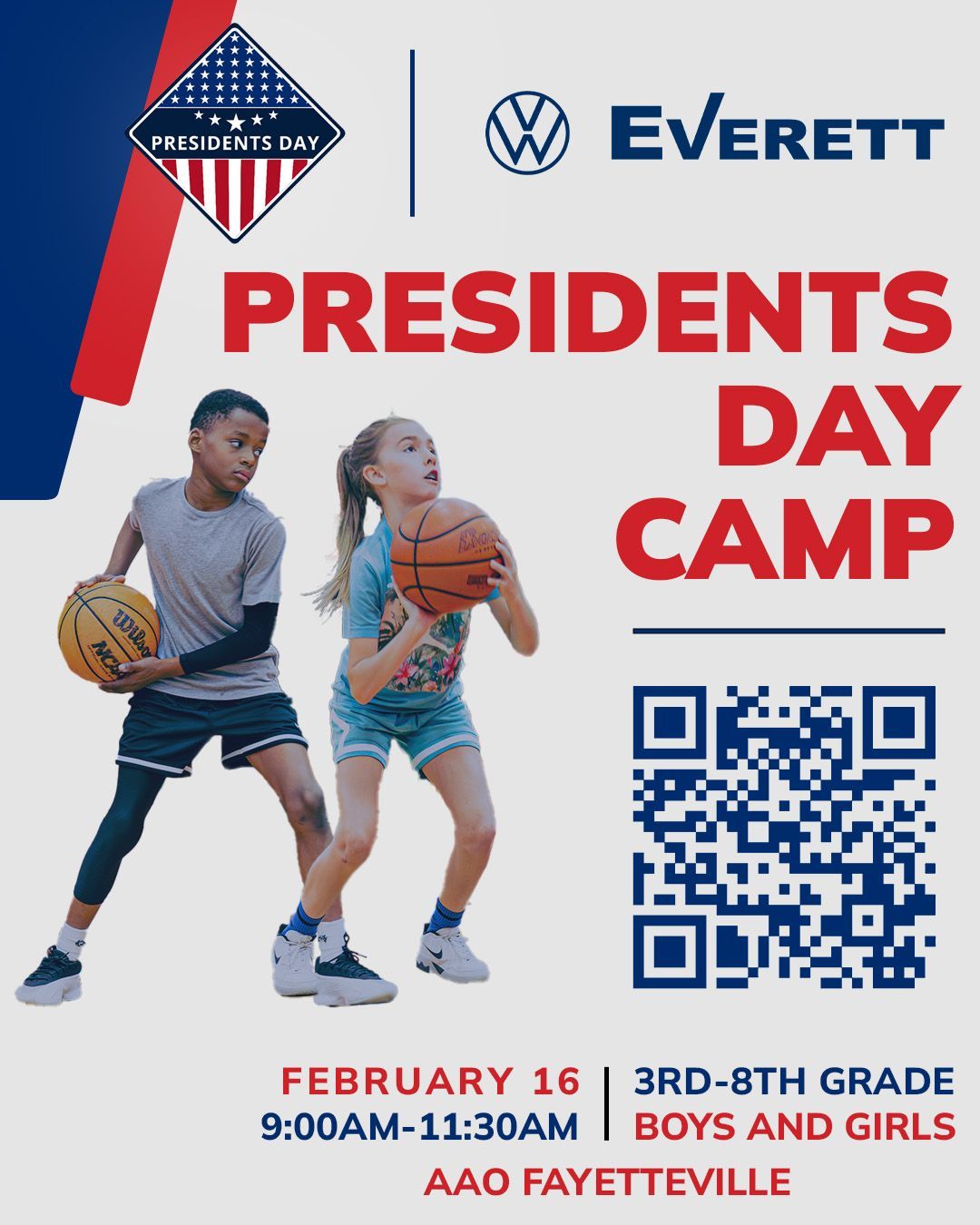 AAO Basketball Camp flier for Presidents Day with QR code and information about the camp