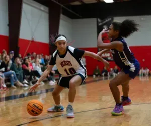 Basketball players in action: one dribbles, another defends. Indoor court, crowd watching.