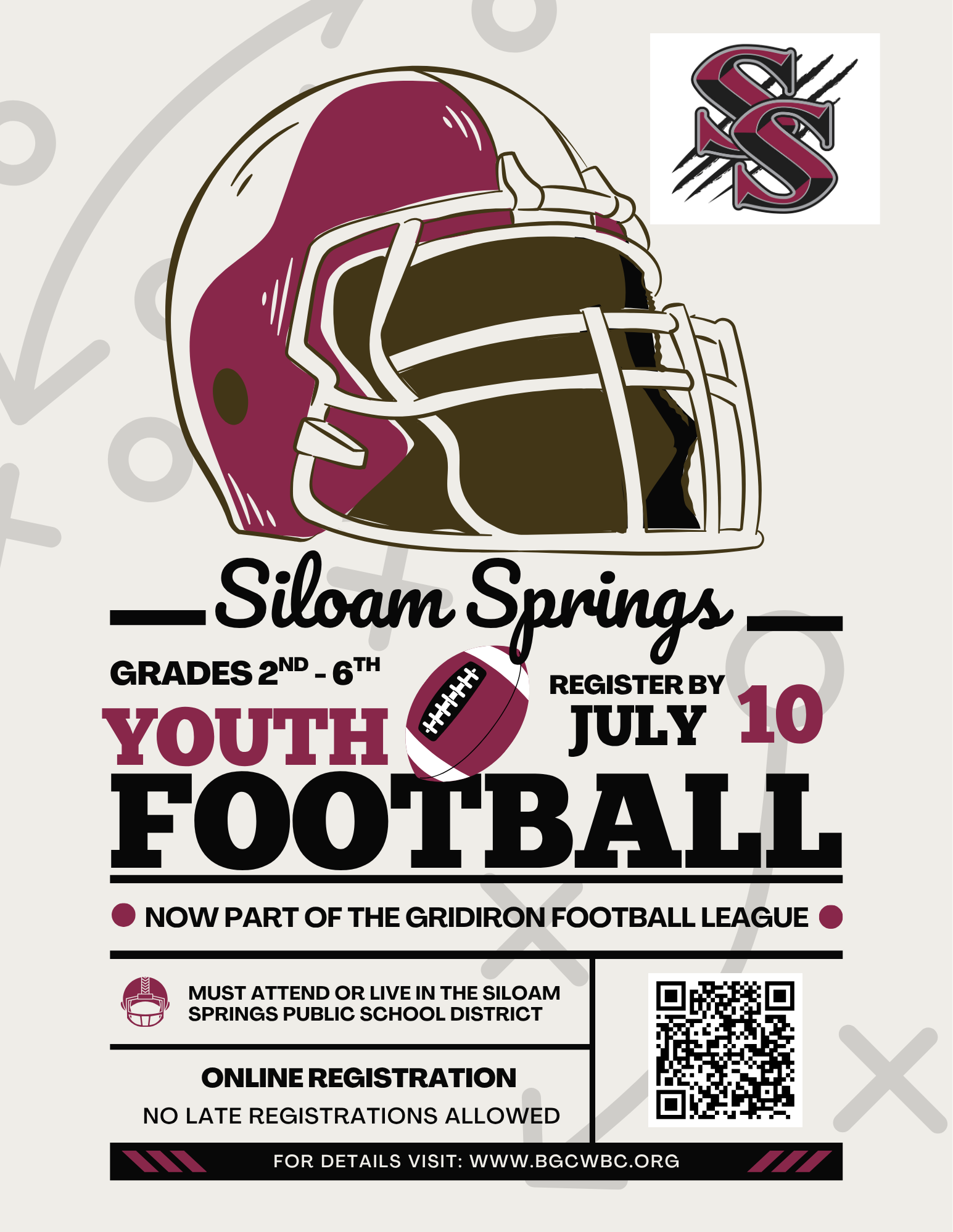 Purple H.A.W.K.S. Youth Football Tryouts flyer with players, date, time, and location details.