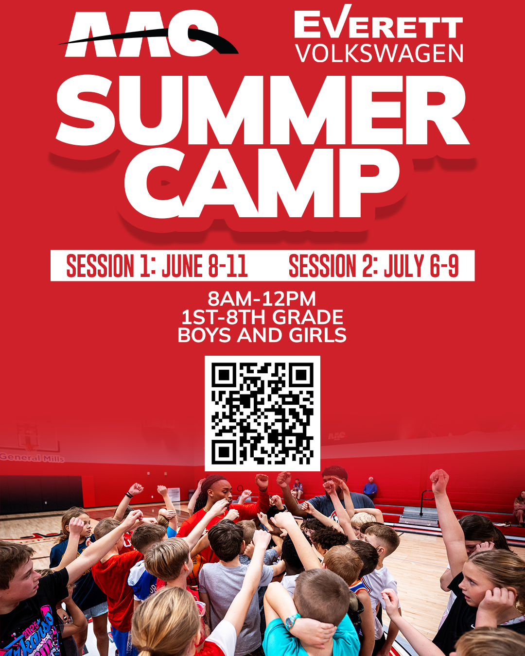 Basketball camp flyer for AAO. Two sessions: June 6-9 and July 11-13 for 1st-6th graders. Rogers & Fayetteville locations.