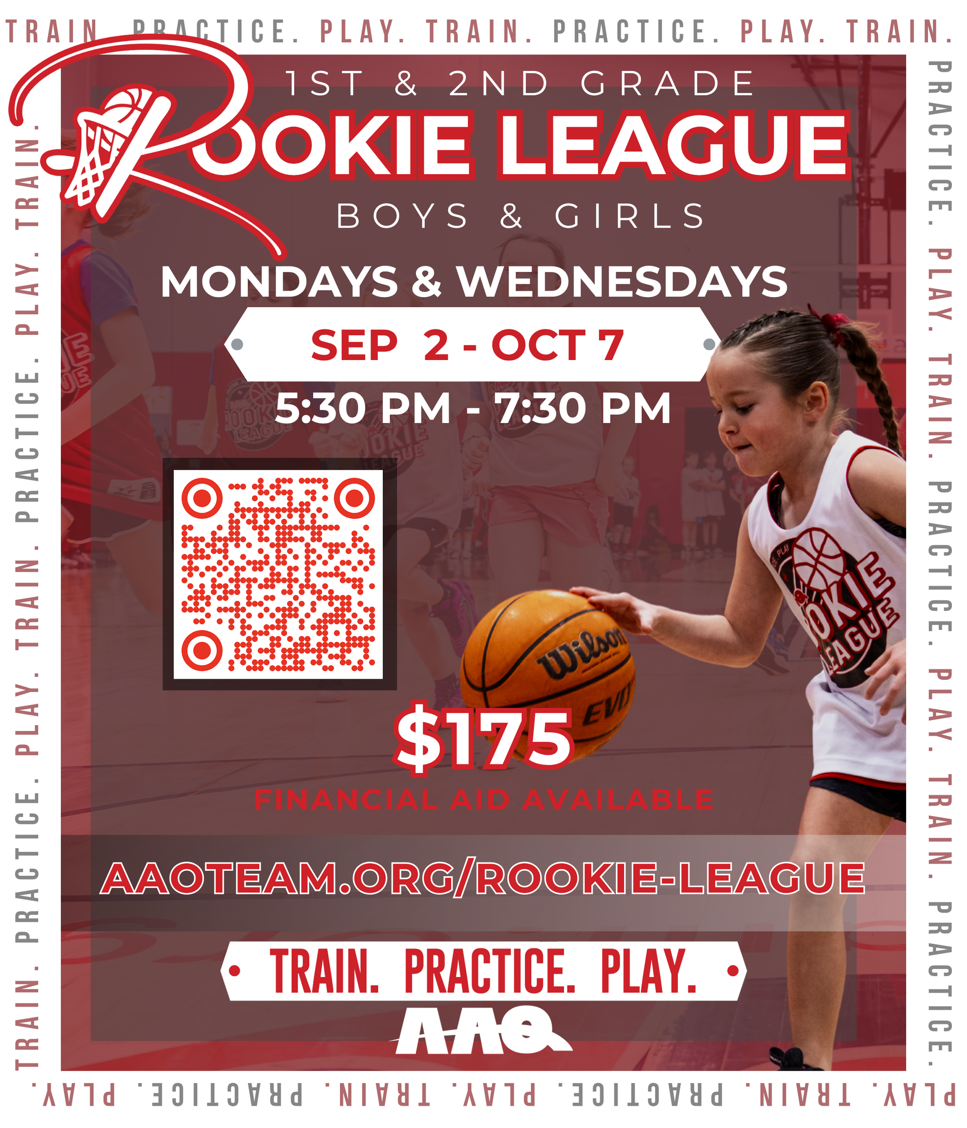 Red and white basketball camp flyer with a child dribbling, dates, time, price, and QR code.