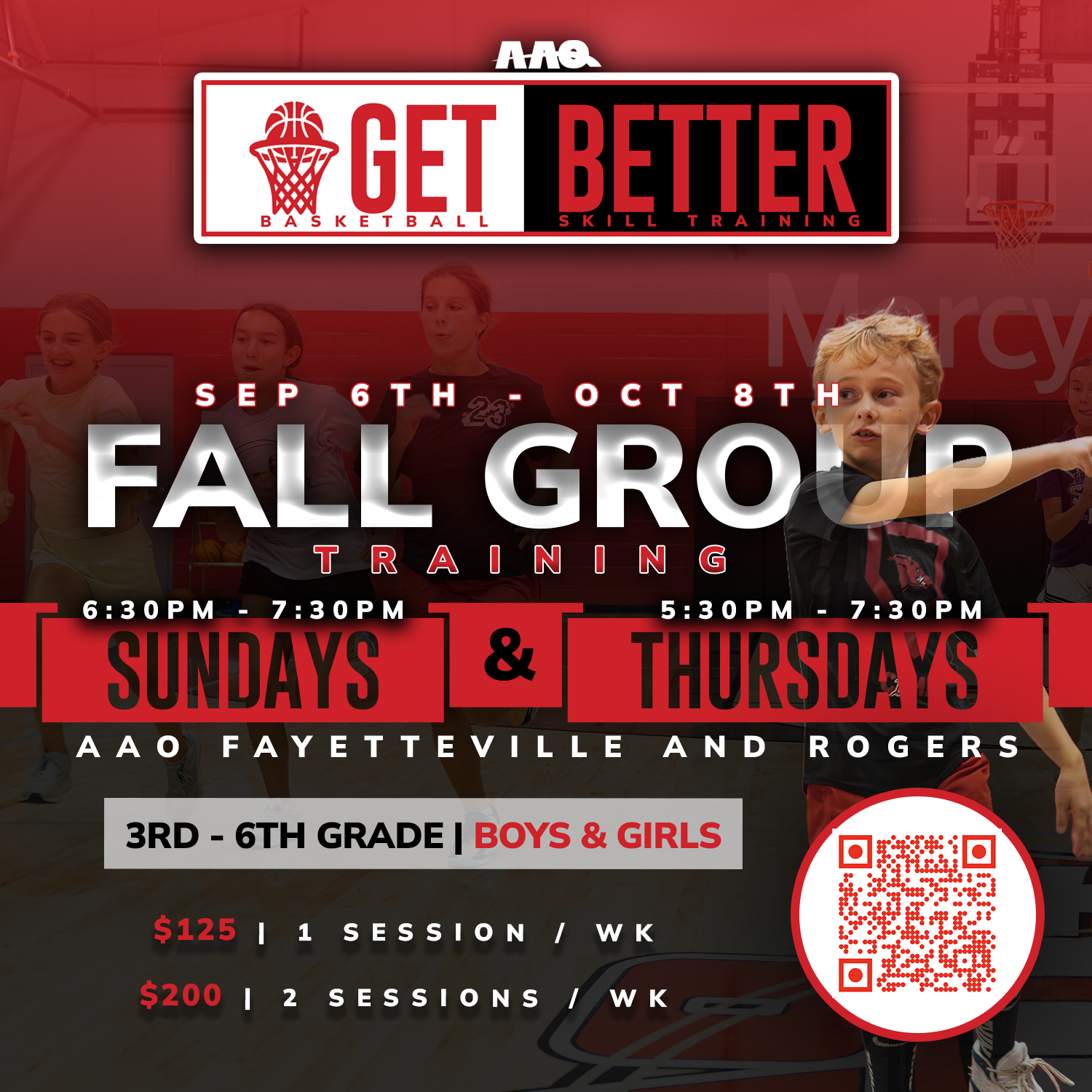 Red and black flyer for “Get Better” fall group training on Sundays and Thursdays for 3rd–6th grade boys and girls.