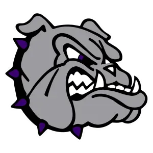 Grinning gray bulldog head with purple accents, showing aggression.