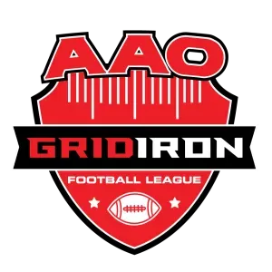 Red and black AAO Gridiron Football League logo with football icon and stars.