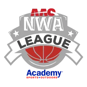 Logo for NWA League basketball sponsored by Academy Sports + Outdoors. Features basketball within a shield.
