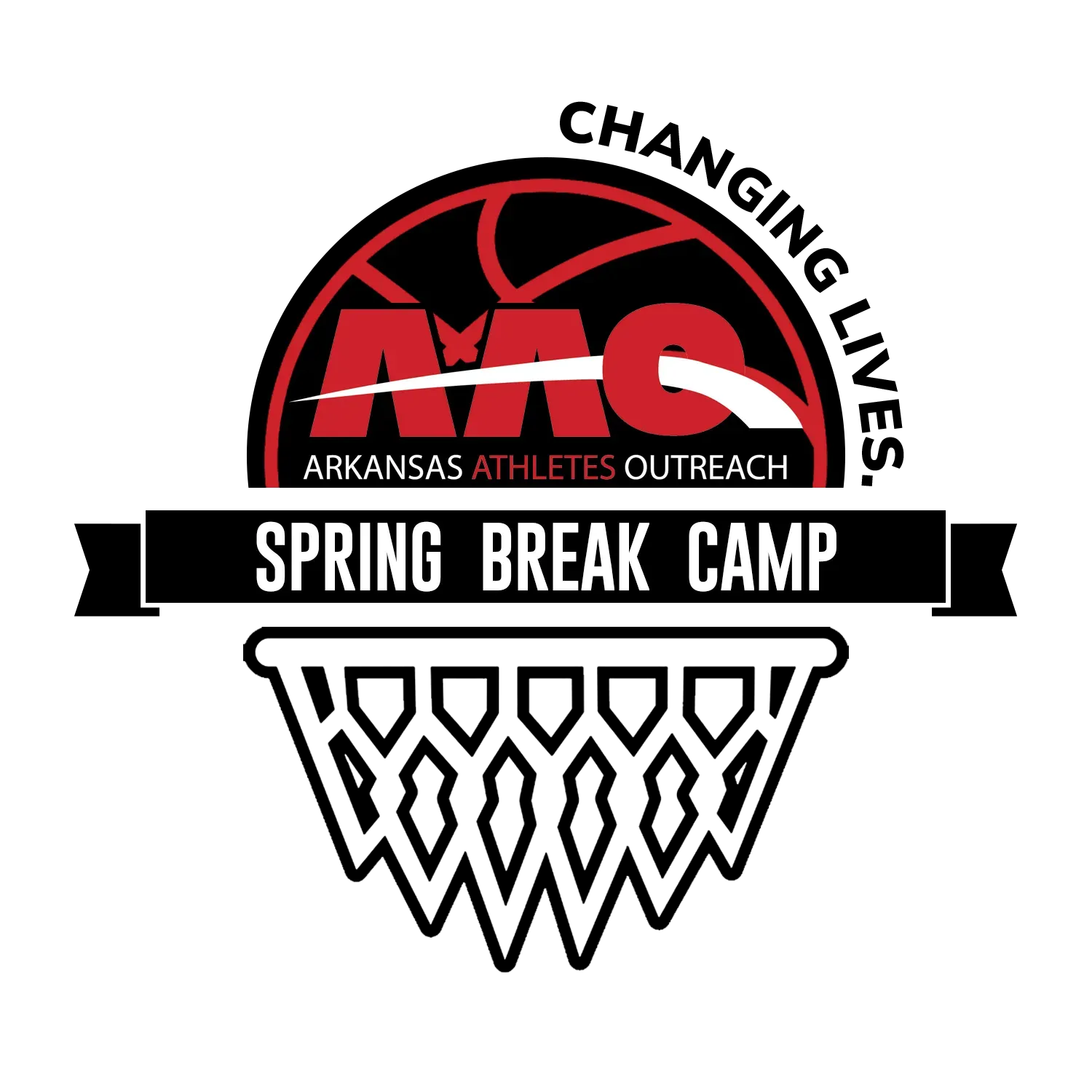 Logo for Arkansas Athletes Outreach Spring Break Camp with a basketball net design.