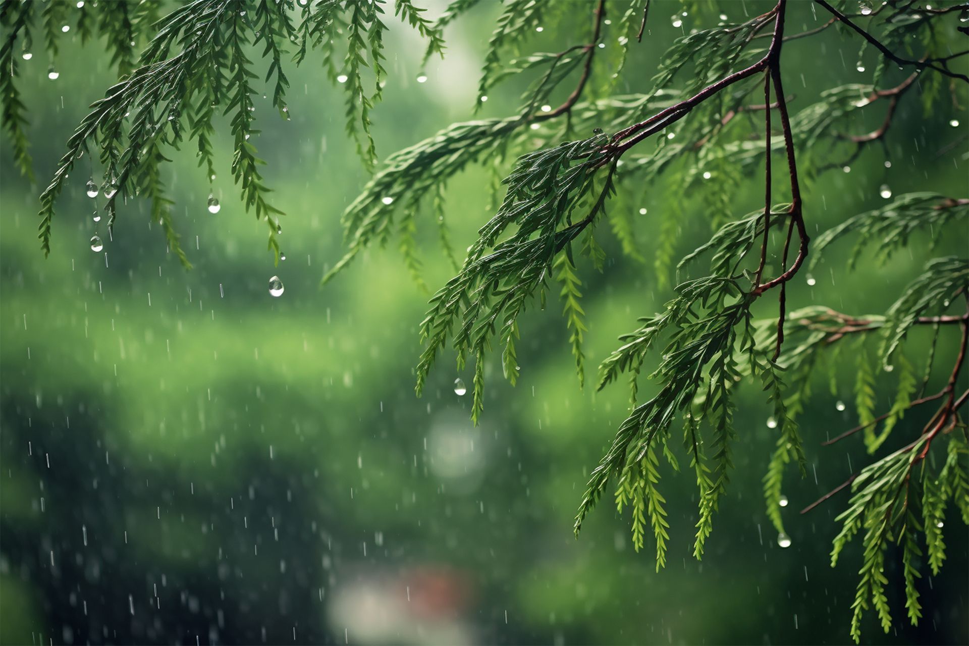 A tree branch with rain drops falling on it.