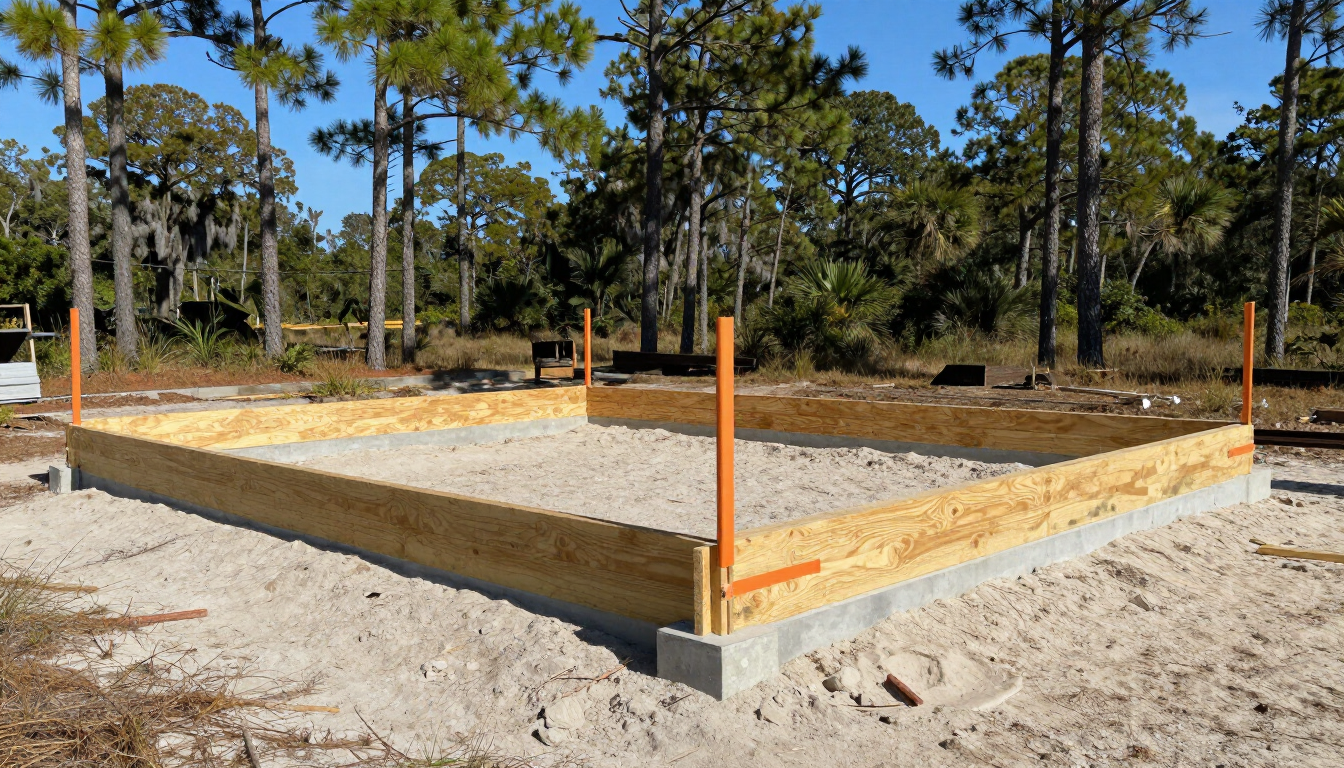 Photorealistic Northeast Florida construction site with elevated foundation forms and sandy soil