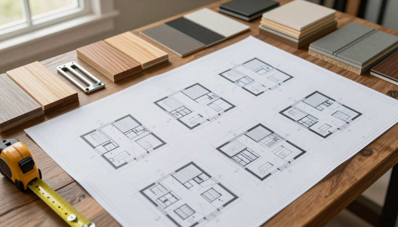 Photorealistic barndominium floor plan and construction plans on a desk