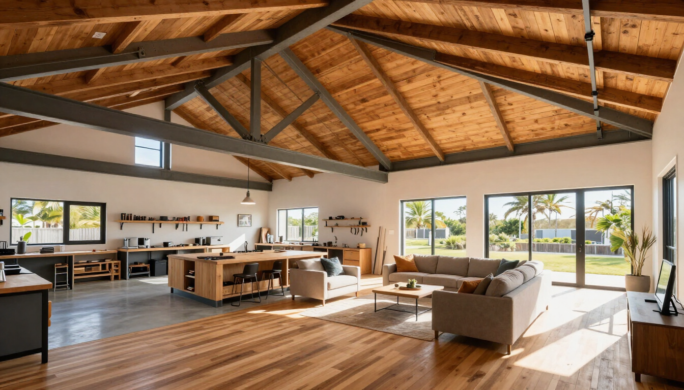 Photorealistic finished barndominium interior with open living area connected to a clean workshop